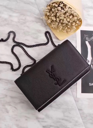 SAINT LAURENT, BLACK COLORED LEATHER BAG, WITH BLACK CHAIN