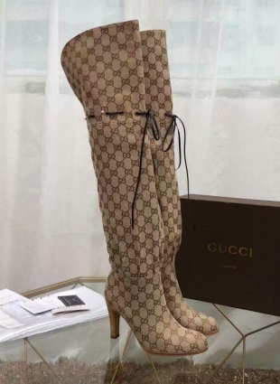 GG Beige/ebony canvas over-the-knee boot