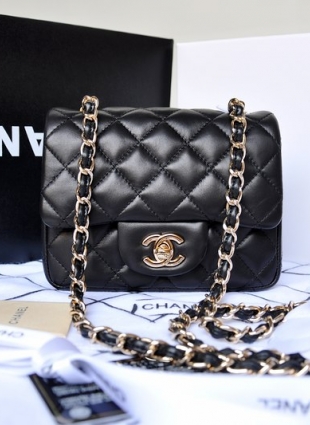 CHANEL flap mini bag, gold chain, black lambskin