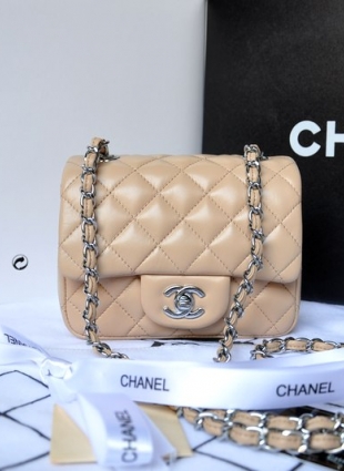 CHANEL flap mini bag, silver chain, nude lambskin