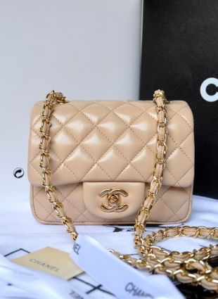 CHANEL flap mini bag, gold chain, nude lambskin
