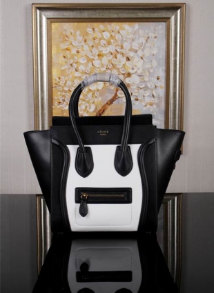 CÉLINE BAG Black with white plain leather size 26 cm