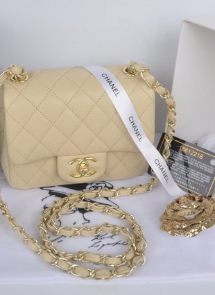 CHANEL FLAP MINI BAG, GOLD CHAIN, NUDE caviar skin