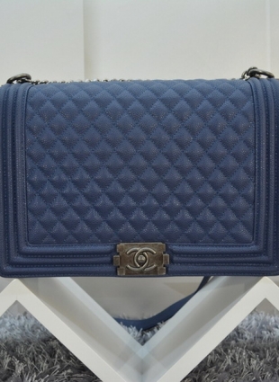 Chanel dark blue Boy bag, silver chain