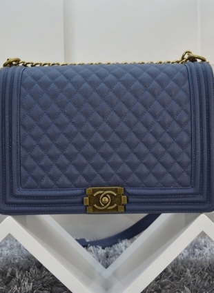 Chanel dark blue Boy bag, gold chain