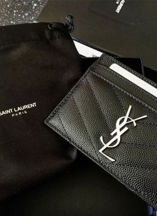 Yves Saint Laurent black card holder with silver hardware, caviar skin