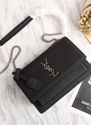 Yves Saint Laurent black bag with old silver chain