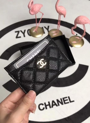 CHANEL card holder caviar leather gold hardware