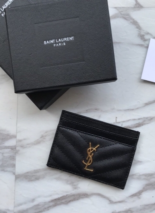 YVES SAINT LAURENT BLACK CARD HOLDER WITH gold HARDWARE, CAVIAR SKIN